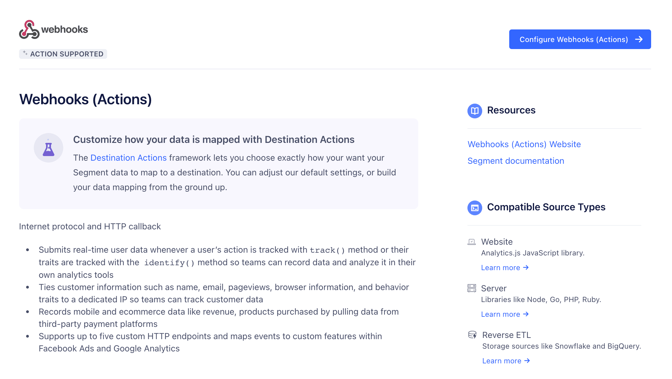 The Segment Destinations page showing the Webhooks (Actions) destination