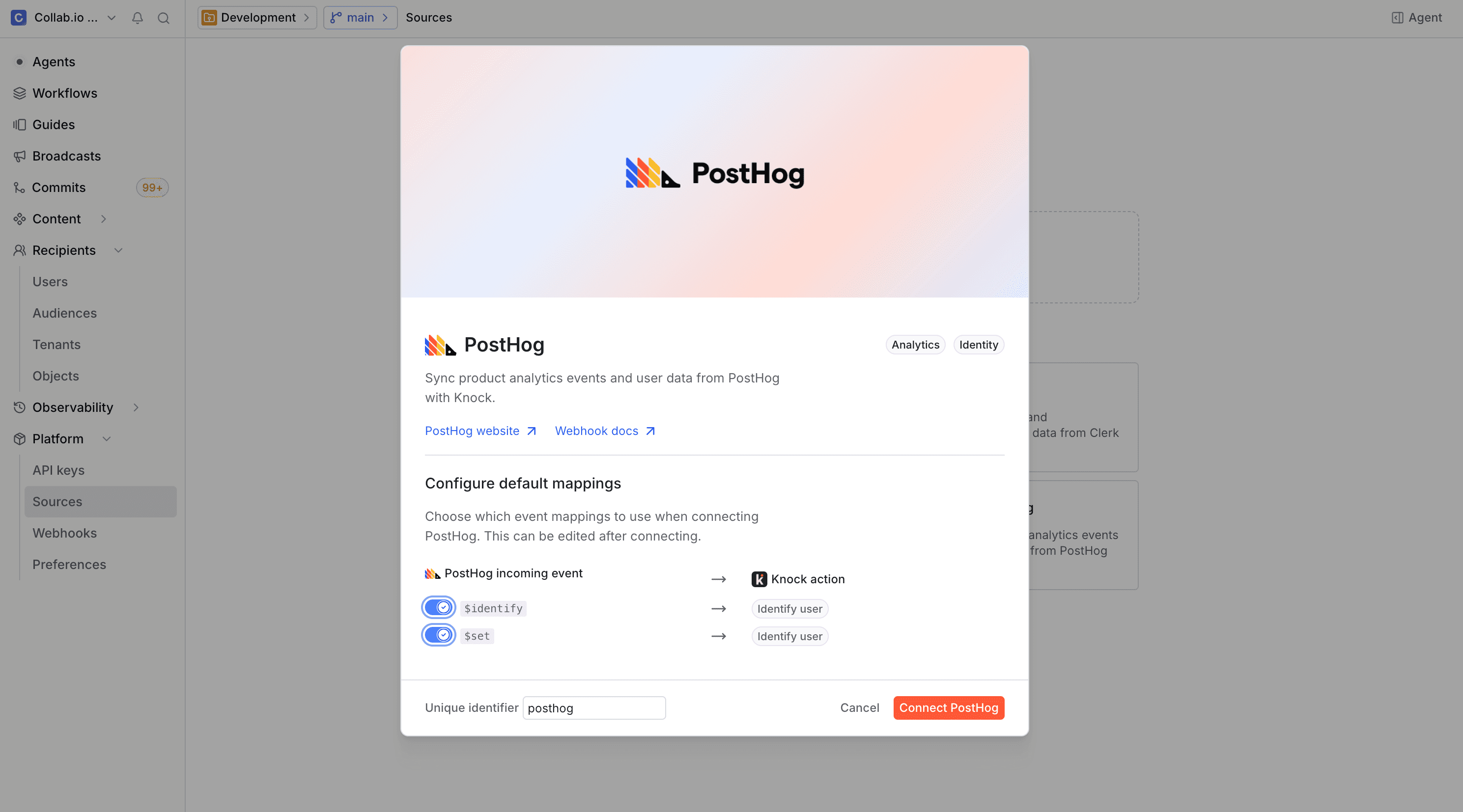 The PostHog source creation modal showing default action mappings for incoming events