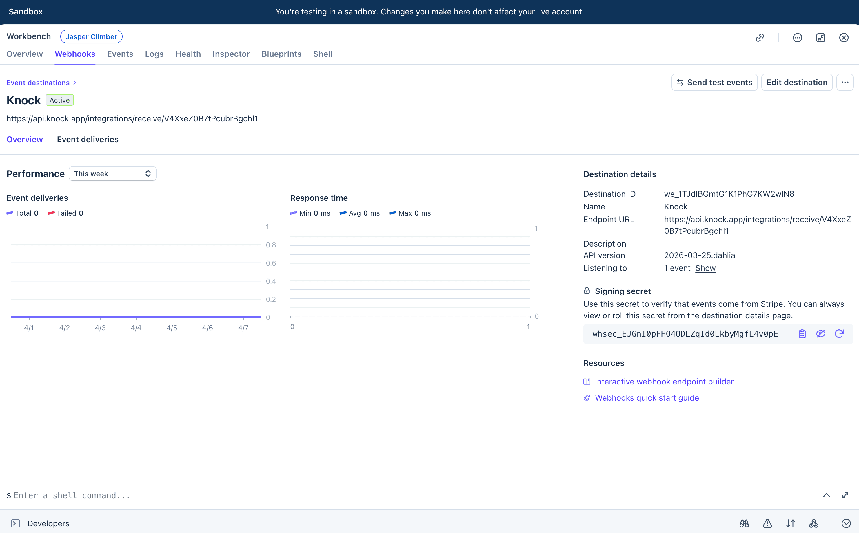 The Stripe Workbench webhook destination detail page showing the signing secret